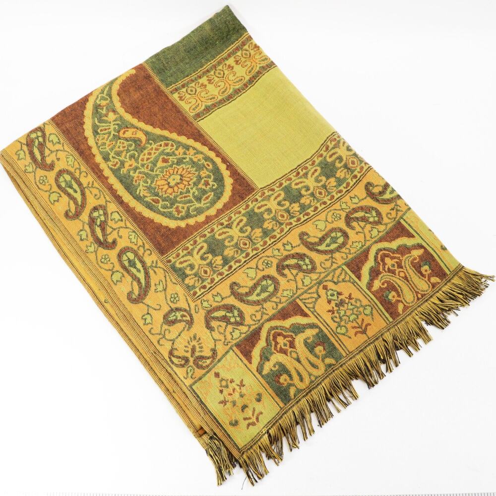100% Pashmina Wool Scarf Shawl Green Gold Brown Tribal Paisley Pattern 28X68